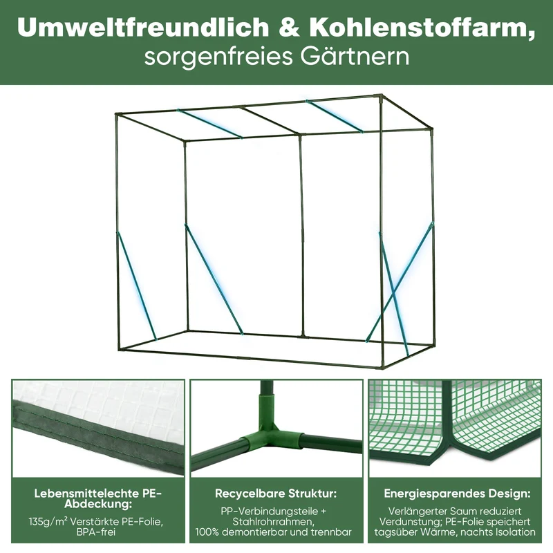 Sekey Tomatengewächshaus 200 x 170 x 77 cmBegehbares Folien-Gewächshaus für Balkon & Garten, stabil, winterfest & UV-beständig, Grün