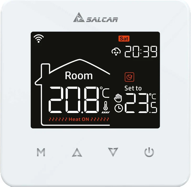 Salcar Smartes WLAN Raumthermostat für elektrische Fußbodenheizung – 16A Thermostat mit LCD-Touchdisplay, Tuya Smart App, App- & Sprachsteuerung, kompatibel mit Amazon Alexa, programmierbar, Weiß