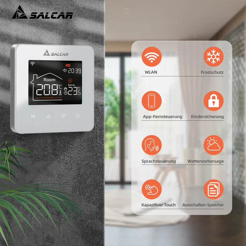 Salcar Smartes WLAN Raumthermostat für elektrische Fußbodenheizung – 16A Thermostat mit LCD-Touchdisplay, Tuya Smart App, App- & Sprachsteuerung, kompatibel mit Amazon Alexa, programmierbar, Weiß