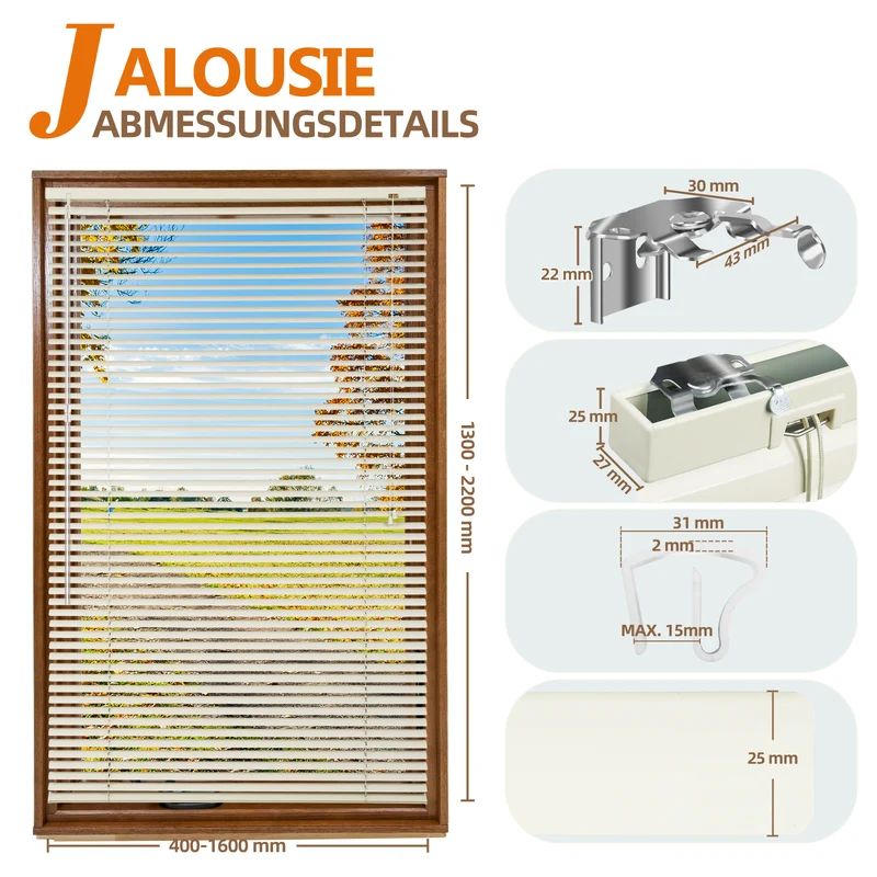 Sekey Aluminium-Jalousie ohne Bohren, 25mm Alu-Lamellen, Creme