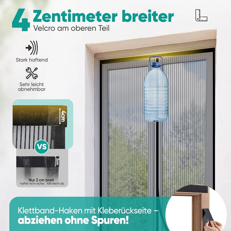 Sekey Magnetisches Fliegengitter für Balkontür – Ohne Bohren, Katzensicher & Reißfest, Insektenschutz mit Klettverschluss & Extra Breitem Klebeband