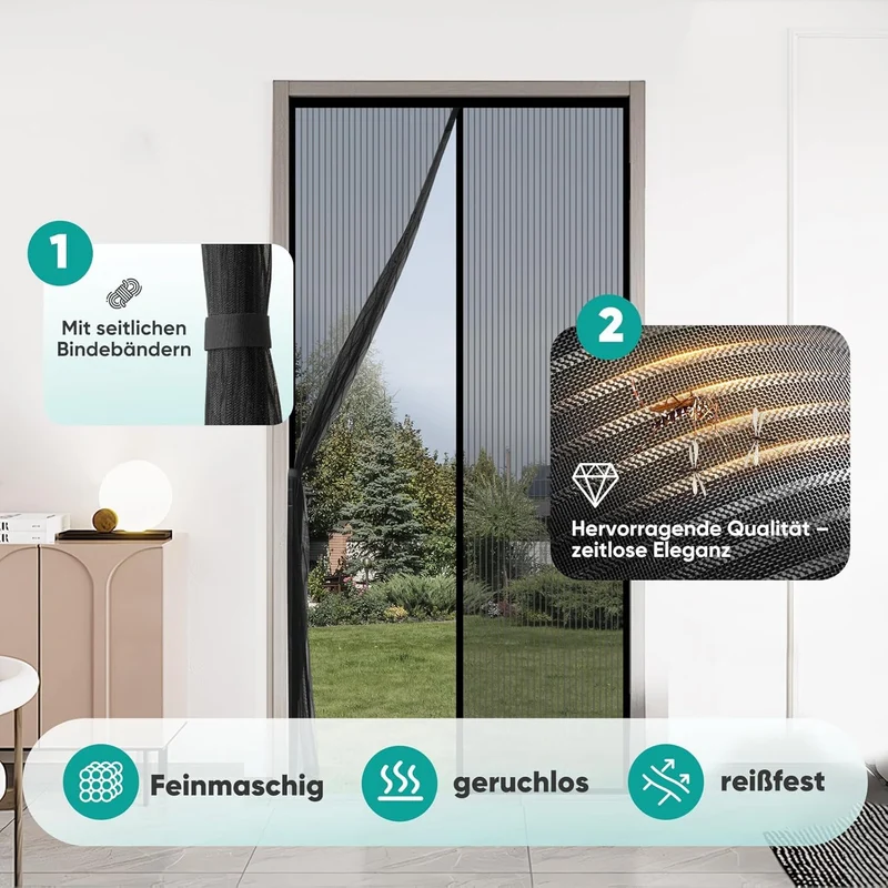 Sekey Magnetisches Fliegengitter für Balkontür – Ohne Bohren, Katzensicher & Reißfest, Insektenschutz mit Klettverschluss & Extra Breitem Klebeband