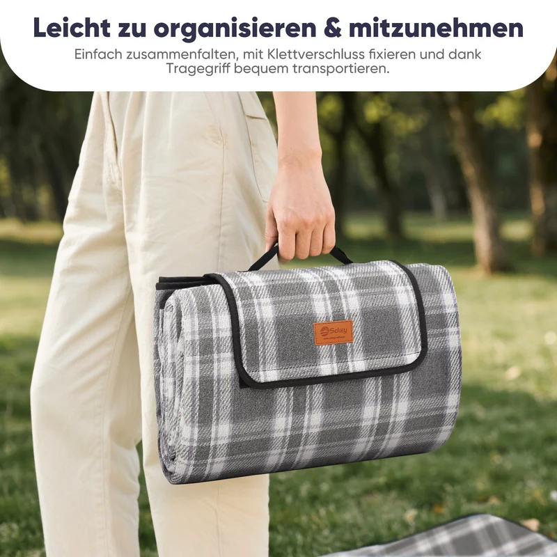 Sekey XXL Picknickdecke 200x200 cm – Waschbare & Schmutzabweisende Camping- und Stranddecke, Faltbar & Gepolstert für Outdoor, Park & Garten