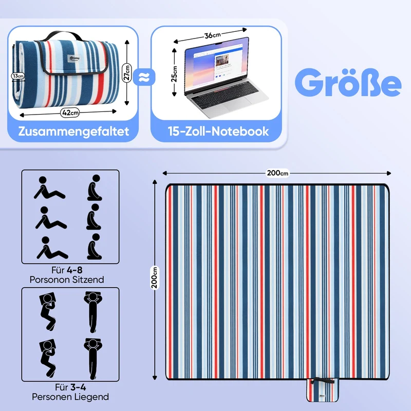 Sekey Picknickdecke – Wasserdicht & sandfest, faltbare Strandmatte mit PEVA-Unterseite, gepolstert & tragbar für Camping, Strand & Wiese – Blau-Weiß-Rote Streifen