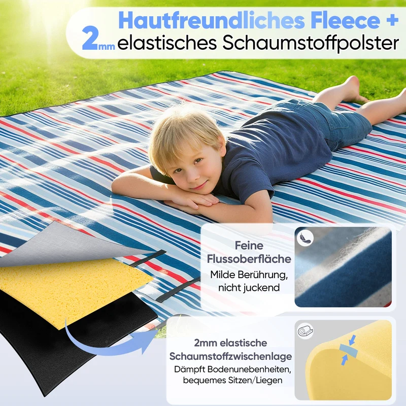 Sekey Picknickdecke – Wasserdicht & sandfest, faltbare Strandmatte mit PEVA-Unterseite, gepolstert & tragbar für Camping, Strand & Wiese – Blau-Weiß-Rote Streifen