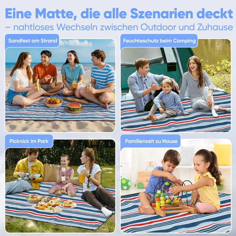 Sekey Picknickdecke – Wasserdicht & sandfest, faltbare Strandmatte mit PEVA-Unterseite, gepolstert & tragbar für Camping, Strand & Wiese – Blau-Weiß-Rote Streifen