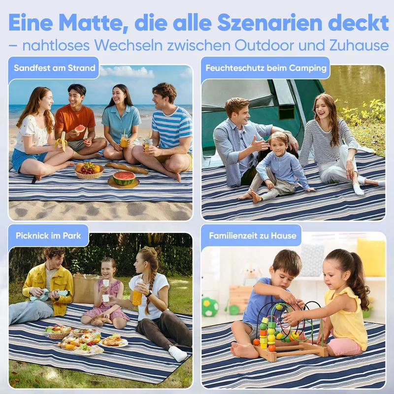 Sekey Wasserdichte Picknickdecke – Sandfeste, faltbare Strandmatte mit gepolstertem PEVA-Untergrund, tragbar für Outdoor, Camping, Strand & Wiese, Blau-Weiß-Beige Streifen