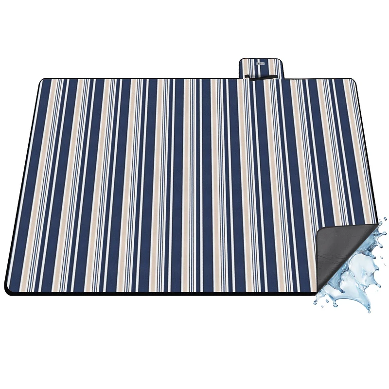 Sekey Wasserdichte Picknickdecke – Sandfeste, faltbare Strandmatte mit gepolstertem PEVA-Untergrund, tragbar für Outdoor, Camping, Strand & Wiese, Blau-Weiß-Beige Streifen