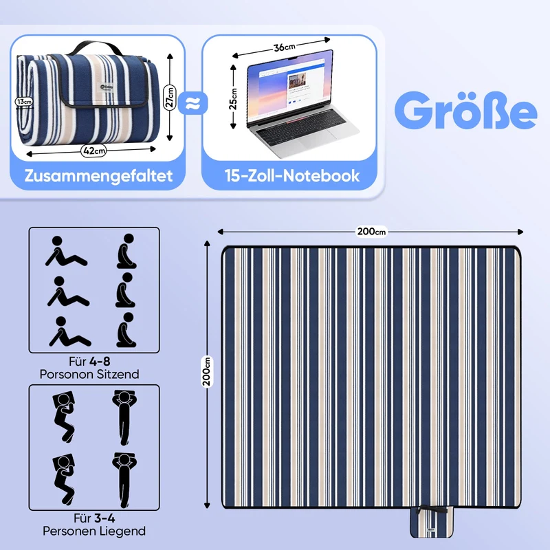 Sekey Wasserdichte Picknickdecke – Sandfeste, faltbare Strandmatte mit gepolstertem PEVA-Untergrund, tragbar für Outdoor, Camping, Strand & Wiese, Blau-Weiß-Beige Streifen