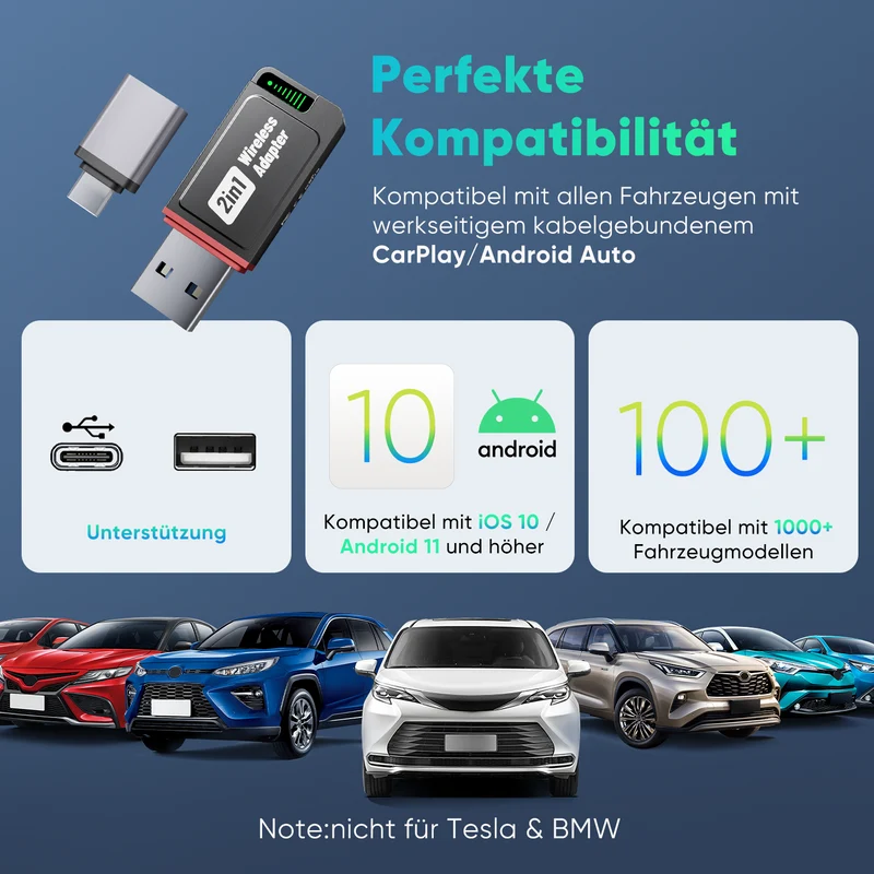Salcar 2-in-1 Wireless Adapter für CarPlay & Android Auto – 2025 Upgrade, Dualband 5,8 GHz Auto-Dongle, ultrabreite Fahrzeugkompatibilität ab Baujahr 2016