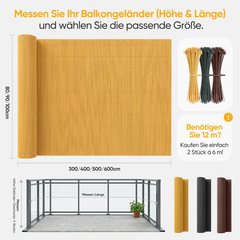 Sekey Balkon Sichtschutz in Natürlicher Schilfrohr-Optik – Wetterfeste Sichtschutzmatte mit Kabelbindern, Wasserdicht, UV-Beständig, Schimmelfrei, Ohne Bohren für Balkon, Garten & Terrasse