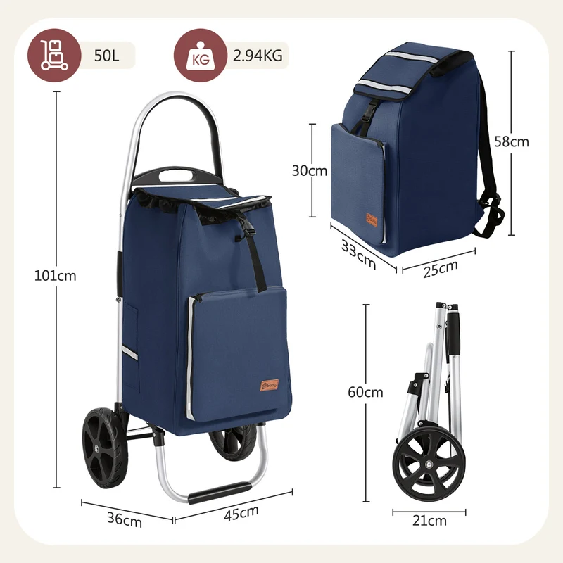 Sekey Einkaufstrolley klappbar 3-in-1 – Einkaufstrolley, Sackkarre & Rucksack mit Aluminiumrahmen, faltbarer Einkaufswagen mit PU-Rädern für Einkauf, Reisen & Alltag