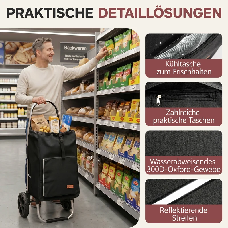 Sekey Einkaufstrolley klappbar 3-in-1 – Einkaufstrolley, Sackkarre & Rucksack mit Aluminiumrahmen, faltbarer Einkaufswagen mit PU-Rädern für Einkauf, Reisen & Alltag