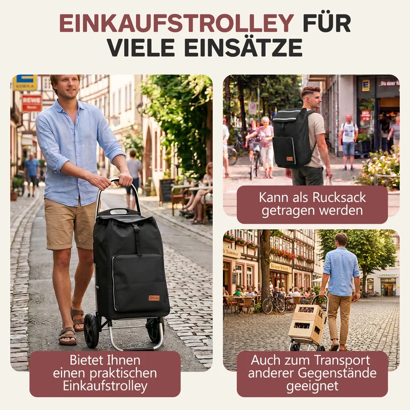 Sekey Einkaufstrolley klappbar 3-in-1 – Einkaufstrolley, Sackkarre & Rucksack mit Aluminiumrahmen, faltbarer Einkaufswagen mit PU-Rädern für Einkauf, Reisen & Alltag