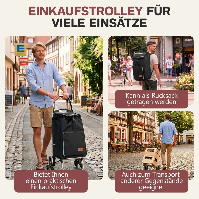 Sekey Einkaufstrolley klappbar 3-in-1 – Einkaufstrolley, Sackkarre & Rucksack mit Treppensteiger-Rädern, leichter Aluminiumrahmen, faltbar & stabil für Einkauf, Reisen und Senioren