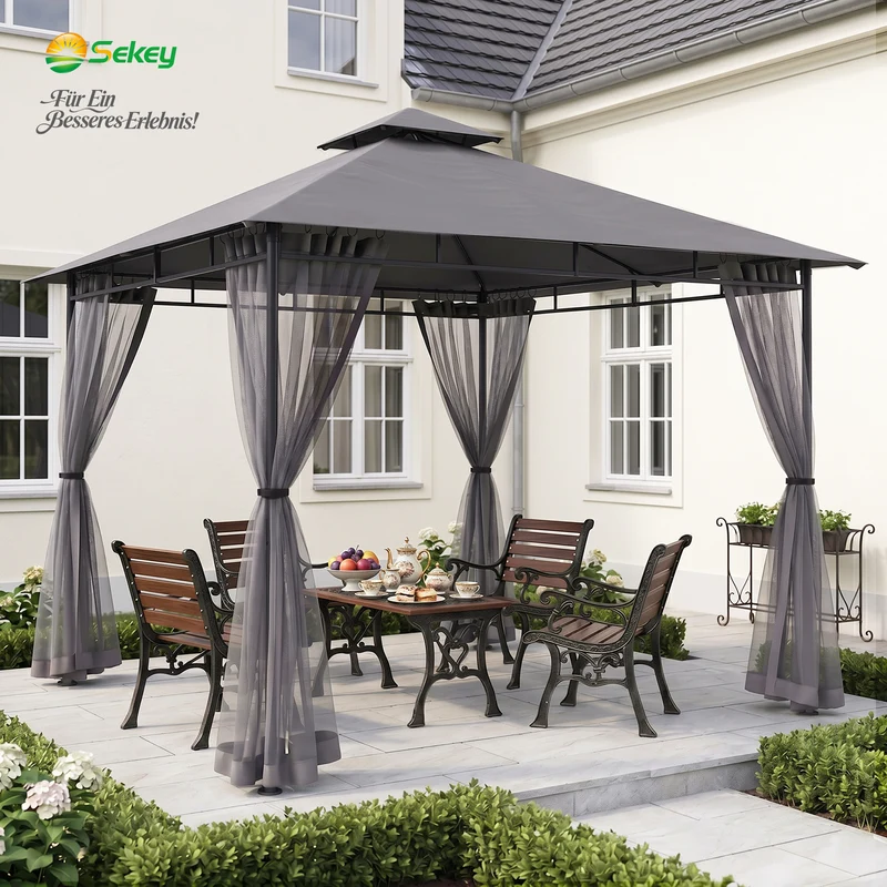 Sekey Pavillon 3x3m Wasserdicht Stabil Winterfest mit 4 Moskitonetzen – Gartenpavillon mit UV-Schutz 50+, Metallrahmen, Partyzelt für Garten, Terrasse, Hof, Events & Camping