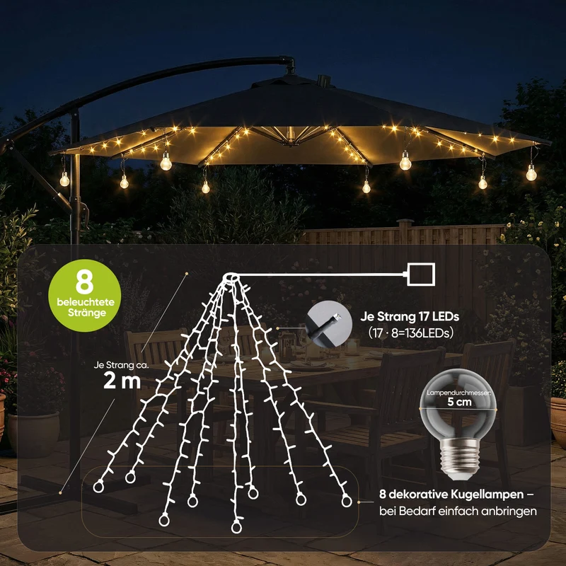Sekey Sonnenschirm Beleuchtung Solar LED Lichterkette – 136 LEDs & 8 Glühbirnen, Fernbedienung, 8 Leuchtmodi, dimmbar, mit Timer, Garten & Terrasse Deko für Ampelschirm & Sonnenschirm