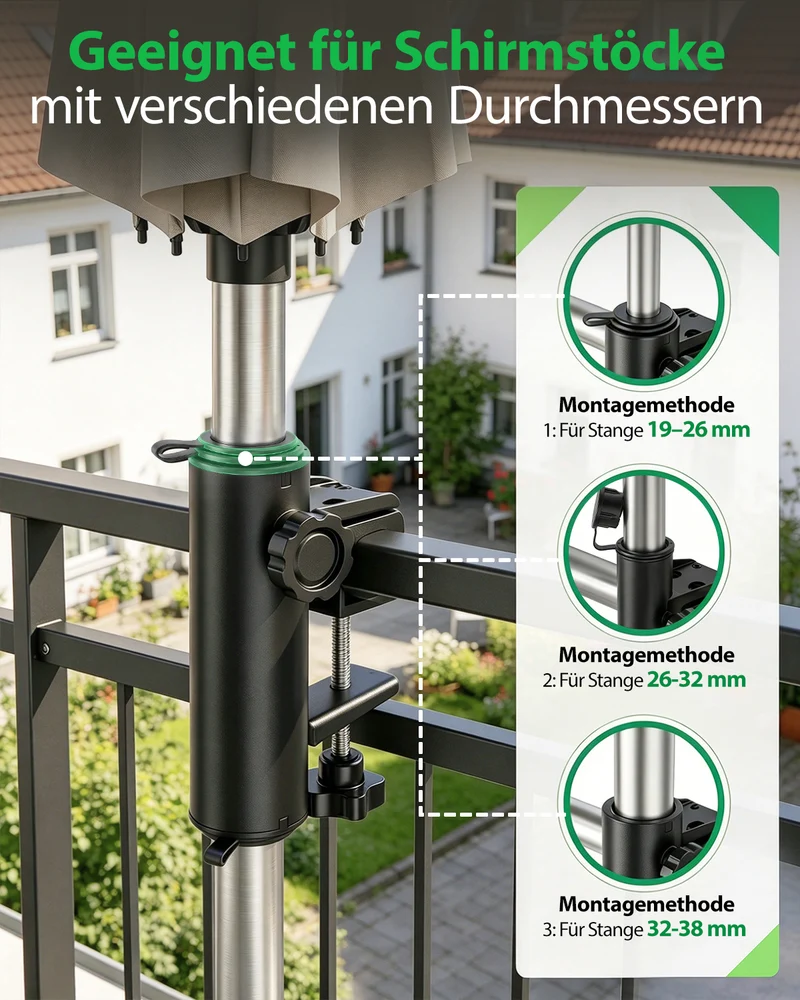 Sekey Sonnenschirmhalter für Balkon – Klemmhalterung für Geländer, platzsparender Schirmständer ohne Bohren, für runde & eckige Geländer (Ø 20–50 mm) & Schirmstöcke 19–38 mm, Schwarz-Metall