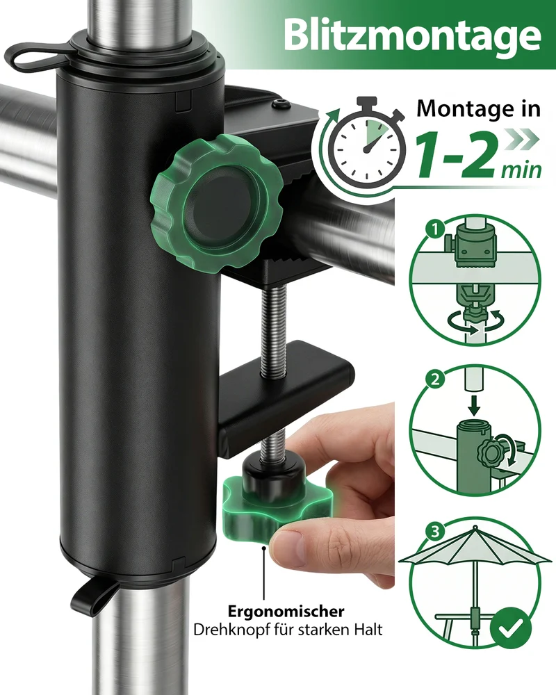 Sekey Sonnenschirmhalter für Balkon – Klemmhalterung für Geländer, platzsparender Schirmständer ohne Bohren, für runde & eckige Geländer (Ø 20–50 mm) & Schirmstöcke 19–38 mm, Schwarz-Metall