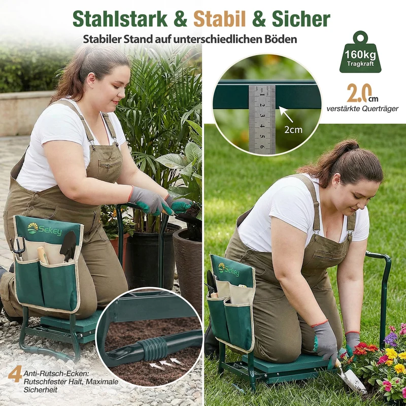 Sekey Höhenverstellbare Kniebank für Gartenarbeit Belastbarkeit 160KG, Gartenhocker Klappbar mit Werkzeugtaschen, Knie Komfort Garten, Grün