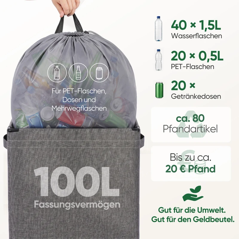 Sekey Pfandflaschen Sammelbehälter 100L mit Rucksack-Innenbeutel, Flaschenkorb für Leergut & Dosen, Faltbarer Pfandflaschenkorb mit Einwurföffnung, Flaschensammler für Küche, Keller & Recycling