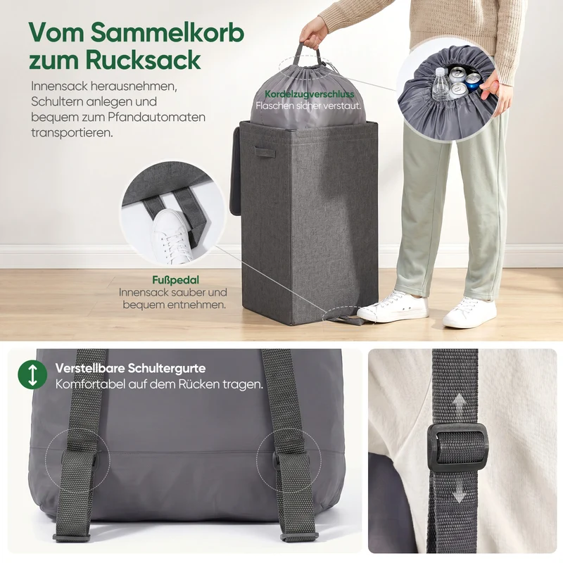 Sekey Pfandflaschen Sammelbehälter 100L mit Rucksack-Innenbeutel, Flaschenkorb für Leergut & Dosen, Faltbarer Pfandflaschenkorb mit Einwurföffnung, Flaschensammler für Küche, Keller & Recycling