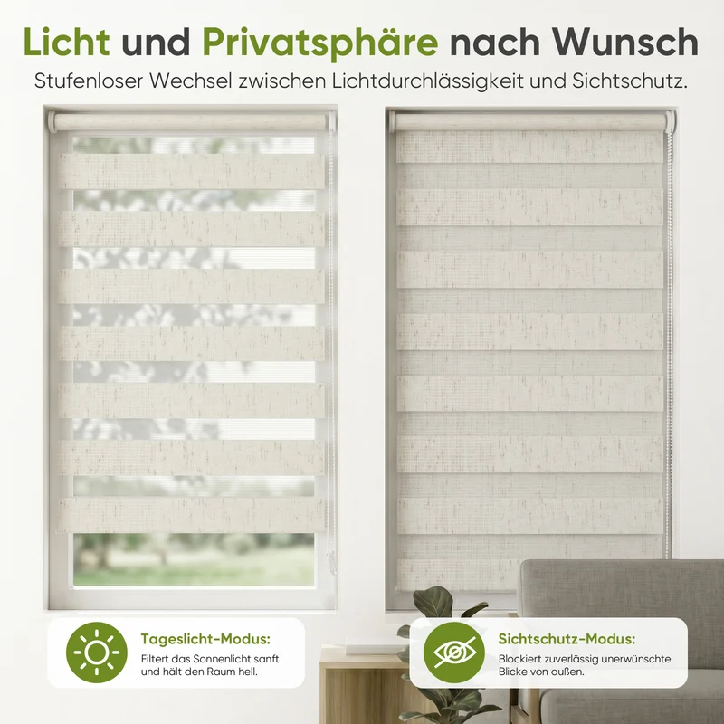 Salcar Doppelrollo Klemmfix Leinenoptik Beige – Duo Rollo ohne Bohren für Fenster, Zebra Rollo mit natürlicher Leinenstruktur und Sichtschutz