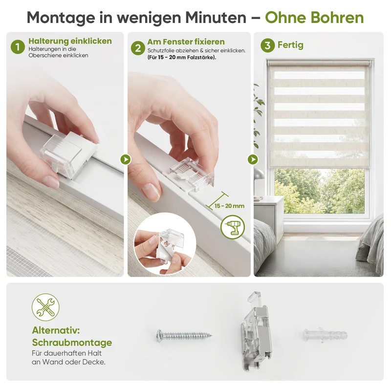 Salcar Doppelrollo Klemmfix Leinenoptik Beige – Duo Rollo ohne Bohren für Fenster, Zebra Rollo mit natürlicher Leinenstruktur und Sichtschutz