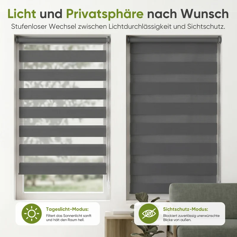 Salcar Doppelrollo Klemmfix Grau – Duo Rollo ohne Bohren für Fenster, Zebra Rollo mit Metallkern-Halterungen, Moderner Sicht- und Sonnenschutz