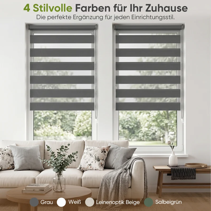 Salcar Doppelrollo Klemmfix Grau – Duo Rollo ohne Bohren für Fenster, Zebra Rollo mit Metallkern-Halterungen, Moderner Sicht- und Sonnenschutz