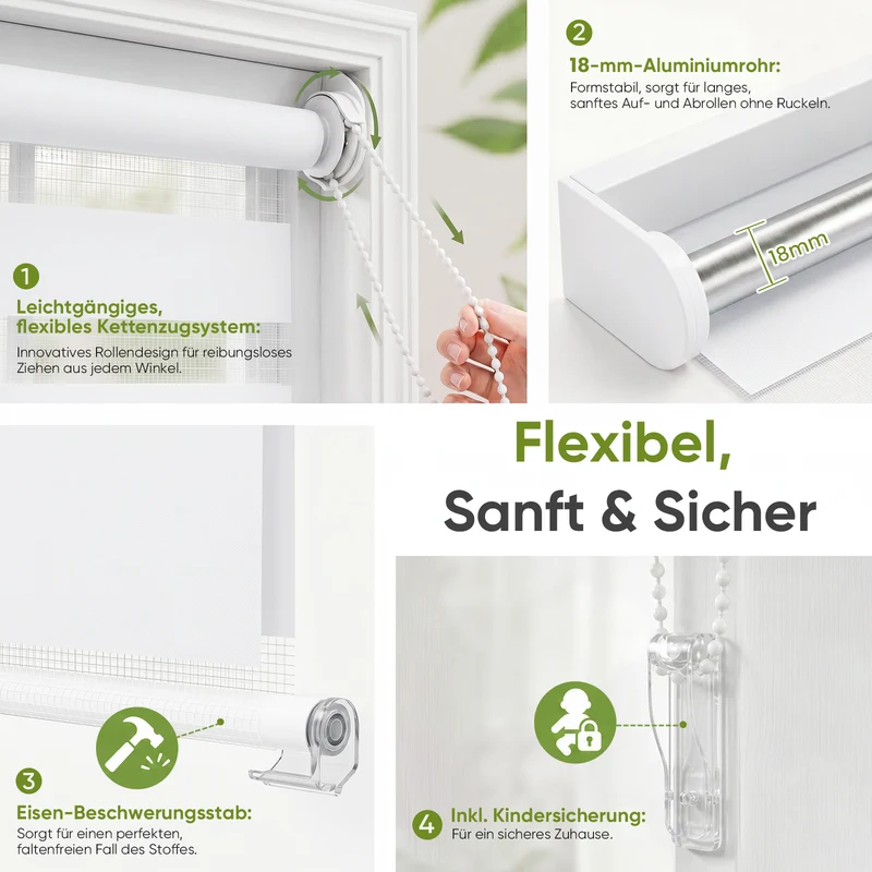 Salcar Doppelrollo Klemmfix Weiß – Duo Rollo ohne Bohren für Fenster, Zebra Rollo mit Metallkern-Halterungen, Stufenloser Sicht- und Sonnenschutz