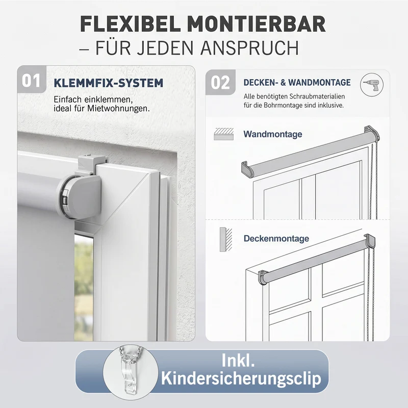 Salcar Thermorollo ohne Bohren Klemmfix Hellgrau – Verdunkelungsrollo für Fenster & Tür mit Thermobeschichtung, Sonnenschutz, Hitzeschutz & Sichtschutz