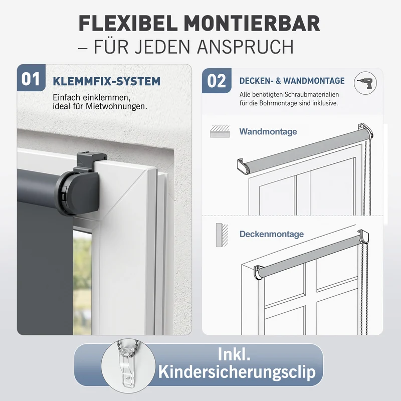 Salcar Thermorollo ohne Bohren Klemmfix Anthrazit – Verdunkelungsrollo für Fenster & Tür mit Thermobeschichtung, Sonnenschutz, Hitzeschutz & Sichtschutz