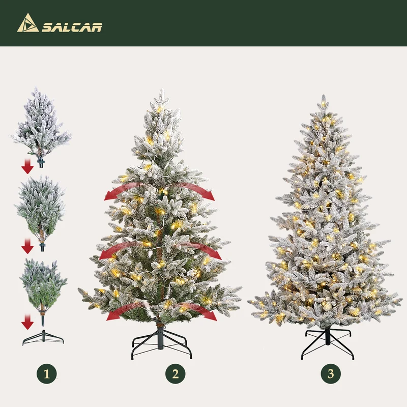 Salcar Künstlicher Weihnachtsbaum mit Schnee und LED Beleuchtung – Realistischer Tannenbaum mit Metallständer, 180 cm / 210 cm, warmweißes Licht
