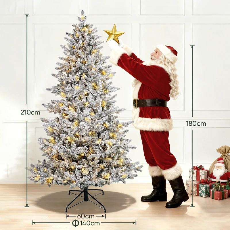 Salcar Künstlicher Weihnachtsbaum mit Schnee und LED Beleuchtung – Realistischer Tannenbaum mit Metallständer, 180 cm / 210 cm, warmweißes Licht
