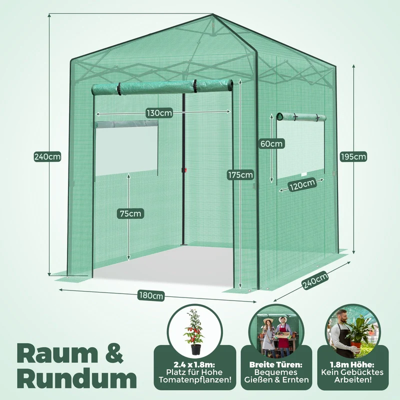 Sekey Pop-Up Foliengewächshaus 240×240×180 cm Großes Gewächshaus mit One-Touch-System für schnellen Aufbau im Garten