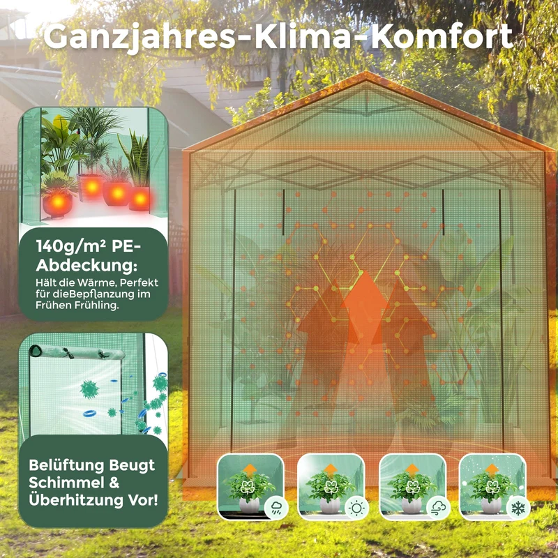 Sekey Pop-Up Foliengewächshaus 240×240×180 cm Großes Gewächshaus mit One-Touch-System für schnellen Aufbau im Garten