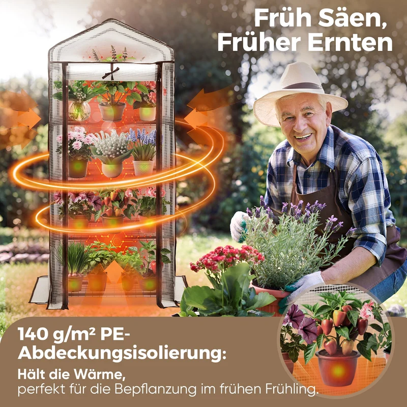 Sekey Mini-Gewächshaus für Tomaten mit 4 EbenenKompaktes Foliengewächshaus für Balkon & Garten, Stabil & Platzsparend (160×70×50 cm)