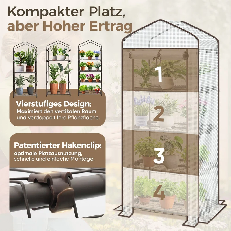 Sekey Mini-Gewächshaus für Tomaten mit 4 EbenenKompaktes Foliengewächshaus für Balkon & Garten, Stabil & Platzsparend (160×70×50 cm)