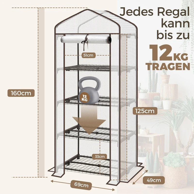 Sekey Mini-Gewächshaus für Tomaten mit 4 EbenenKompaktes Foliengewächshaus für Balkon & Garten, Stabil & Platzsparend (160×70×50 cm)