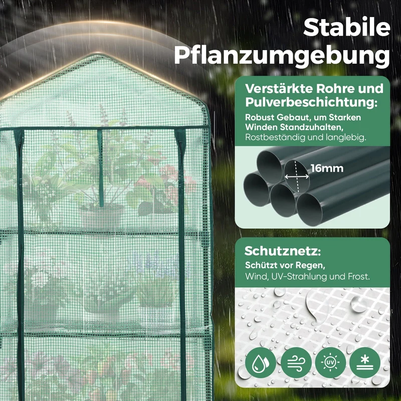 Sekey Mini-Gewächshaus für Tomaten mit 4 EbenenKompaktes Foliengewächshaus für Balkon & Garten, Stabil & Platzsparend (160×70×50 cm)