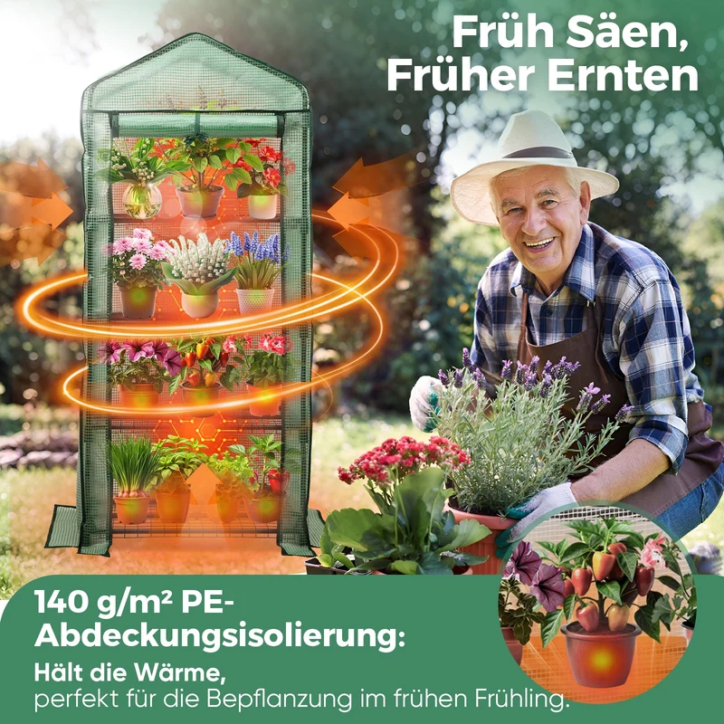 Sekey Mini-Gewächshaus für Tomaten mit 4 EbenenKompaktes Foliengewächshaus für Balkon & Garten, Stabil & Platzsparend (160×70×50 cm)