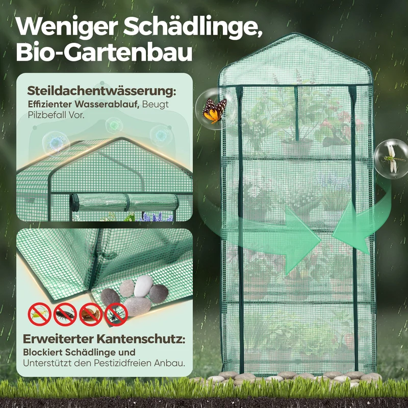 Sekey Mini-Gewächshaus für Tomaten mit 4 EbenenKompaktes Foliengewächshaus für Balkon & Garten, Stabil & Platzsparend (160×70×50 cm)