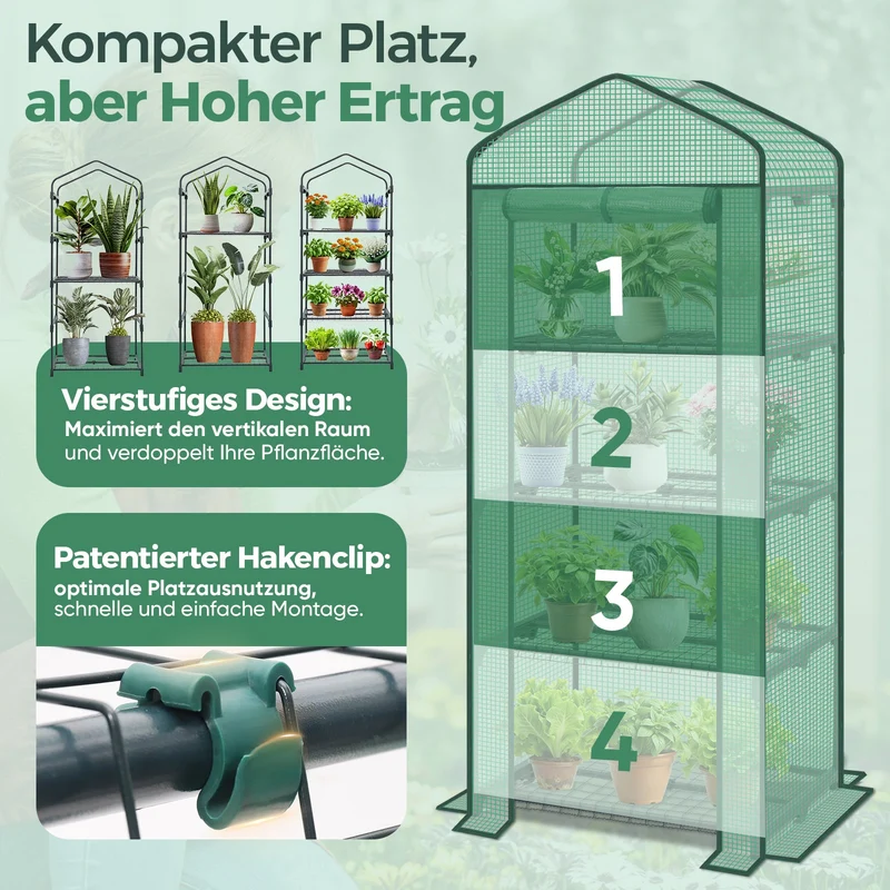 Sekey Mini-Gewächshaus für Tomaten mit 4 EbenenKompaktes Foliengewächshaus für Balkon & Garten, Stabil & Platzsparend (160×70×50 cm)
