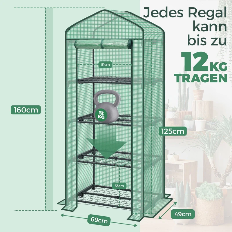 Sekey Mini-Gewächshaus für Tomaten mit 4 EbenenKompaktes Foliengewächshaus für Balkon & Garten, Stabil & Platzsparend (160×70×50 cm)