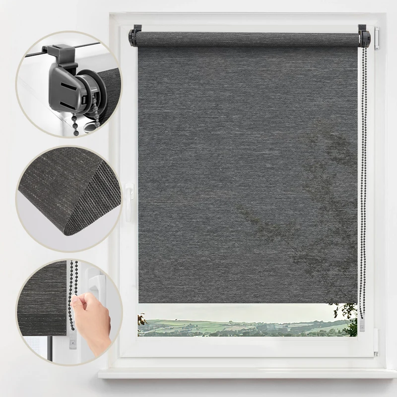 Sekey Klemmfix Seitenzugrollo Grau in Leinenoptik – Lichtdurchlässiges Fensterrollo ohne Bohren mit Klemmträgern & Schraubmontage