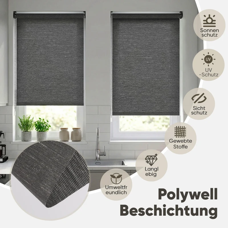 Sekey Klemmfix Seitenzugrollo Grau in Leinenoptik – Lichtdurchlässiges Fensterrollo ohne Bohren mit Klemmträgern & Schraubmontage