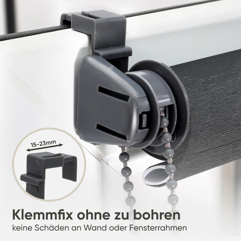 Sekey Klemmfix Seitenzugrollo Grau in Leinenoptik – Lichtdurchlässiges Fensterrollo ohne Bohren mit Klemmträgern & Schraubmontage