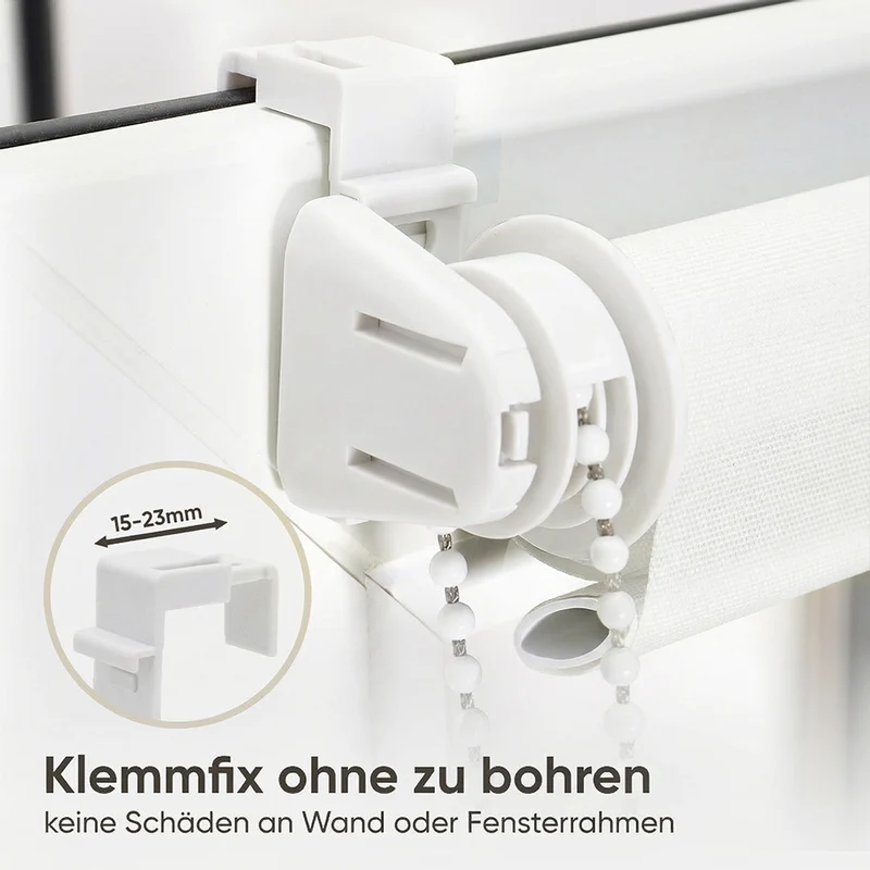Sekey Klemmfix Seitenzugrollo in Leinenoptik Weiß – Lichtdurchlässiges Rollo ohne Bohren mit Klemmträgern & Schraubmontage, Uni Fensterrollo aus Papier-Polyester-Stoff