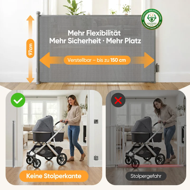 Sekey Ausziehbares Treppenschutzgitter 0–150 cm – TÜV & EN1930 zertifiziert, 97 cm hoch, feste Schraubmontage, Baby- & Haustiergitter für Treppe, Tür & Flur